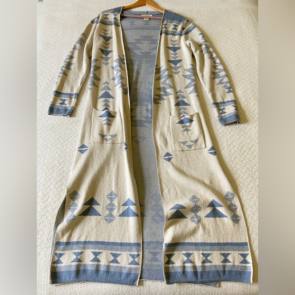 Jessica Simpson Blue Aztec Geometric Longline Duster Cardigan - Picture 9 of 14